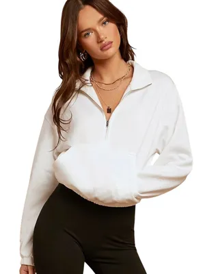 🔃White Drop Shoulder Zip Half Crop Sweatshirt thumbnail 1
