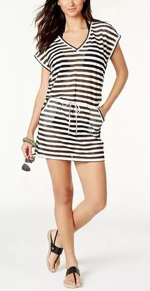 Calvin Klein Striped Mesh‎ Dress Cover Up L/XL Lightweight Sheer Nautical Resort thumbnail 1