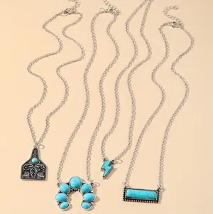 NEW Lot of 4 turquoise pendant necklaces, vintage retro style jewelry, silver thumbnail 4