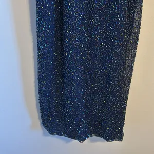Vtg Laurence Kazar Halter Beaded embellished silk formal gown dress blue gold‎ L thumbnail 4