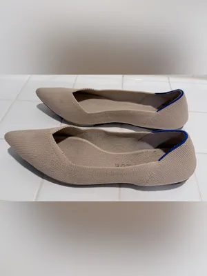 Rothy's Pointed Toe Knit Flats in Light Beige with Blue Trim thumbnail 15