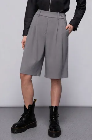 Wildfang Empower Gray‎ Pleated High Waist Wide Leg Bermuda Shorts Size 6 thumbnail 1