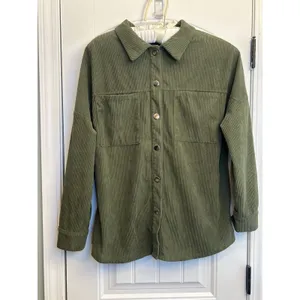 PrettyGarden Chic Women’s Medium Olive Green Corduroy Shacket Snap Front Pockets thumbnail 2