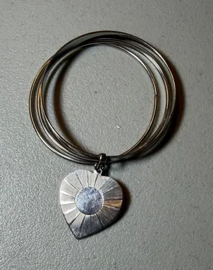 Silver Tone Multi Strand Bangle Bracelet Textured Sunburst Etched Heart Charm thumbnail 1