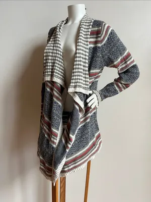 Striped Open-Front Draped Cardigan Sweater - Gray, Red & Cream thumbnail 9