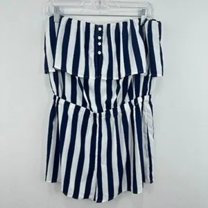 Lulus Striped Strapless Romper Women's Size L Blue White Ruffle Layered‎ Casual thumbnail 2