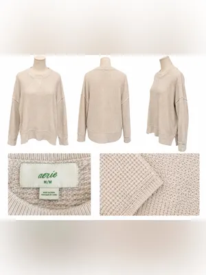 Aerie Medium Oversized Beige Textured Knit Sweatshirt thumbnail 5