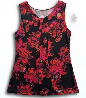 Merona Womens Red Pink Floral Sleeveless Pleated Knit Tank Top Size M thumbnail 1