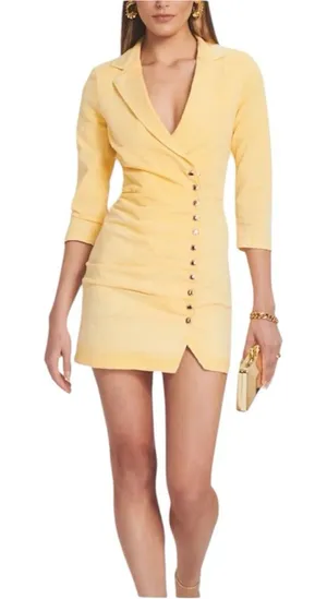 Retrofête Willa Yellow Denim Mini Dress Ruched Button Front Italy M thumbnail 1
