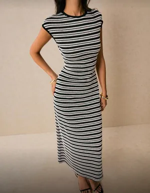 Poéselle Women's Casual Striped Round Neck Cap Sleeve Dress, Summer thumbnail 3