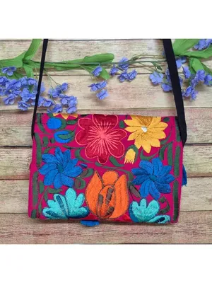 NWOT Mexican Embroidered Crossbody Envelope Purse Multicolor Floral Tassels thumbnail 4