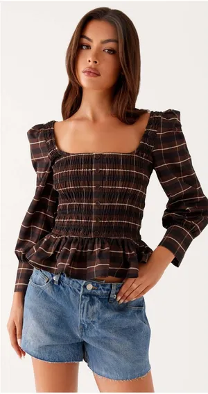 Peppermayo Joyce Long Sleeve Cotton Shirred Top Size 6 Chocolate Check Smocked thumbnail 1