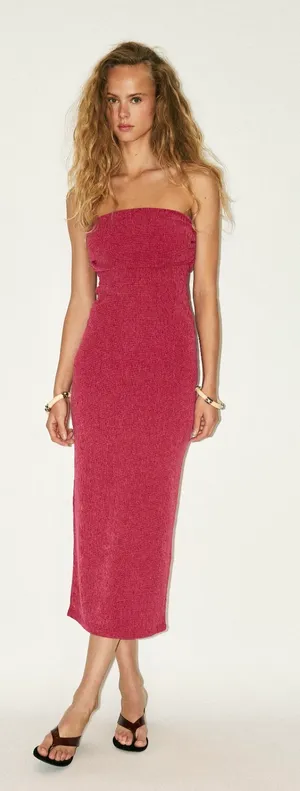 Zara Pink Textured Bandeau Midi Dress thumbnail 1