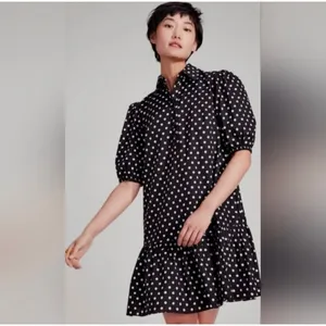 Kate Spade Harmony Dot Lake Dress M Black‎ Cotton Puff Sleeve Mini Retro Chic thumbnail 3