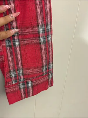 POL Red Plaid Lace Up Tunic Shirt Size L Boho Grunge Flannel Oversized Top thumbnail 4