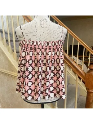 LOFT Geometric Print Linen blend Smocked Swing Tank Top Pink White Brown Size L thumbnail 5