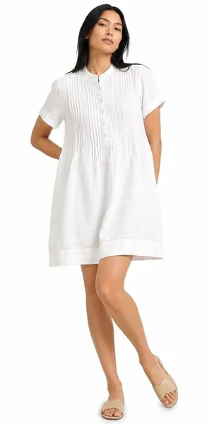 Faherty Gemina Pintuck Dress 100%‎ Linen White Coastal Boho Cottagecore Women XS thumbnail 1