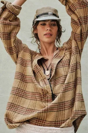 Free People We The Free Perfect In Plaid Pullover Blouse Top Shirt Size Small thumbnail 1