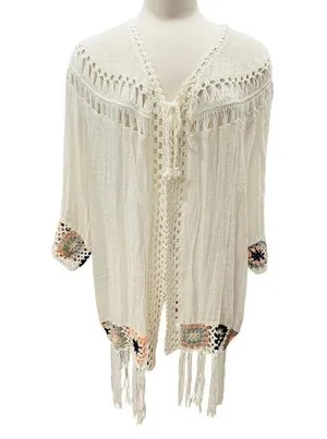RAIN Boho Open Front Crochet Fringe Cardigan Large NWT thumbnail 1