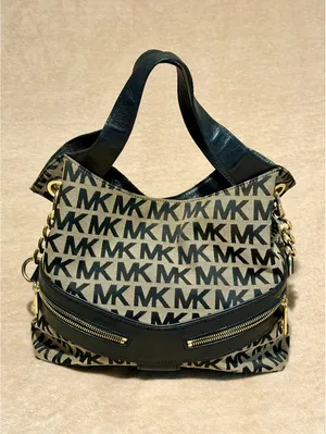 Michael Kors MK Signature Jacquard Hobo Shoulder Bag Black Beige Gold thumbnail 12