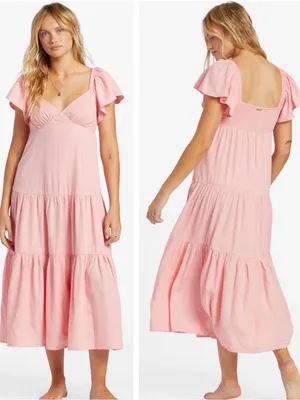 Billabong Last Light Dress Pink Size Large Flutter Sleeve Midi Boho thumbnail 3