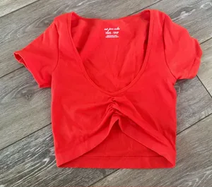 Urban Outfitters Out From Under Neon Red Orange Ruched Ribbed Crop Top thumbnail 1