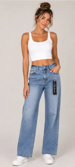 NWT Stylewe Rhinestone Embellished Wide Leg Jeans Women’s Medium thumbnail 1