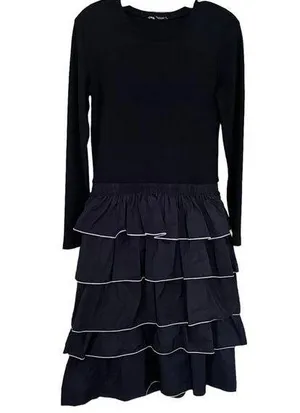 Zara Black Ruffle Tiered Long Sleeve Crewneck Midi Dress size L thumbnail 1