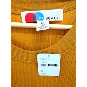 Free People FP‎ Beach Mustard Yellow Ribbed Maxi Dress Short Sleeve Small NEW thumbnail 3