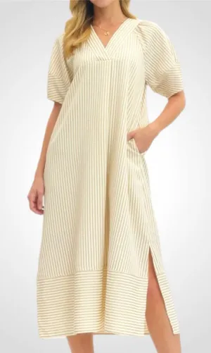 Entro Stipe Lantern Sleeve Midi Dress in Sand Size S thumbnail 1