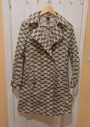 GAP Trench Coat, Geo Print, Ivory, Black & Tan, Sz: XS No Belt thumbnail 1