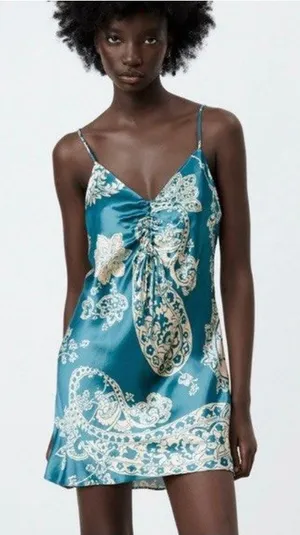 Zara Blue & White Satin Effect Paisley Mini Slip Dress Womens XS Y2K Retro‎ thumbnail 1