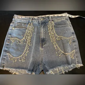 Rhinestone Fringe High-Rise Denim Shorts - Blue size Medium NWT thumbnail 7