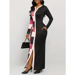 NWT ~ Long Black & Pink Sexy Colorblock Bodycon Pockets Maxi Dress Women's XL thumbnail 4