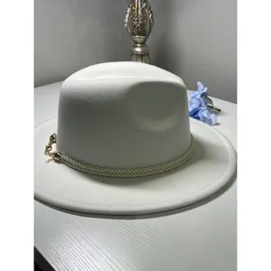 White Wide Brim Fedora Hat Rose Gold Chain Link Rope‎ Band Cotton Blend thumbnail 4