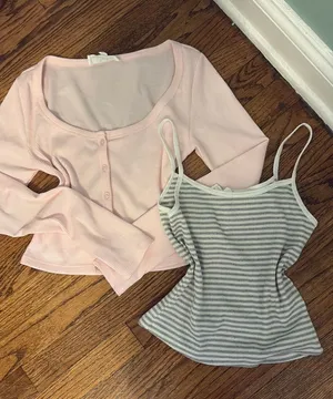 Hippie rose Ribbed set pink cardigan and striped tank top thumbnail 1