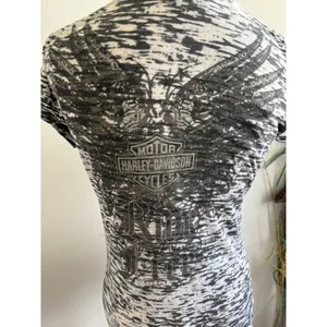 Harley Davidson Womens Black White Space Dye Burnout Graphic V-Neck Tee‎ Sz S thumbnail 5
