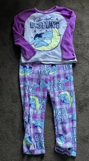 Disney sleepy Eeyore purple do not disturb fuzzy pajama top and bottoms M thumbnail 1