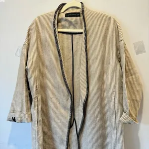 Zara Woman 100% Linen Striped Duster Coat Whipstitch Trim Beige XS Open‎ Front thumbnail 5