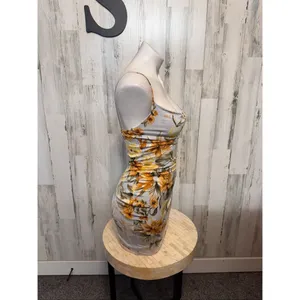 Windsor Floral Bodycon Mini Dress Womens Small Light Blue Yellow Ruched Cowl Nec thumbnail 3
