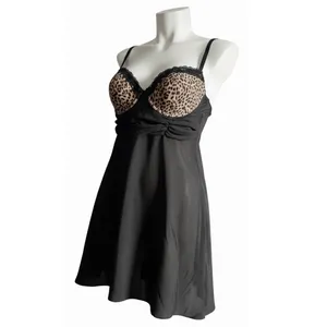 VTG Inner Secrets Leopard Print Babydoll Lingerie Dress Lace Trim Black Chiffon thumbnail 2