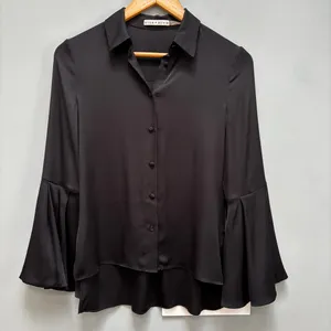 Alice + Olivia Myrtle Trumpet Sleeve Black Silk Blouse XS thumbnail 4