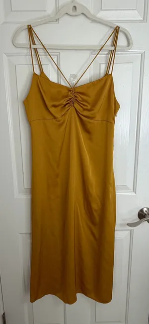 Zara Mustard Satin Midi Slip Dress‎ with Ruched Front Size Large thumbnail 1