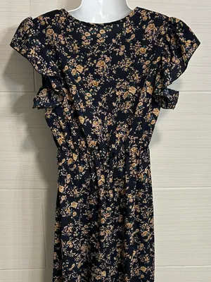 Navy Floral Dress Short Flutter Sleeves Mid Calf Maxi Lightweight, Small thumbnail 4