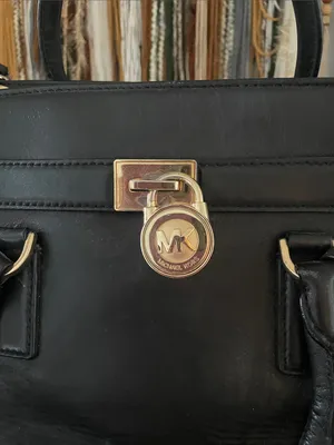 Michael Kors Black Leather Satchel with Gold Accent Lock thumbnail 2