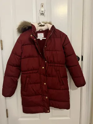 winter red puffy fur coat thumbnail 1