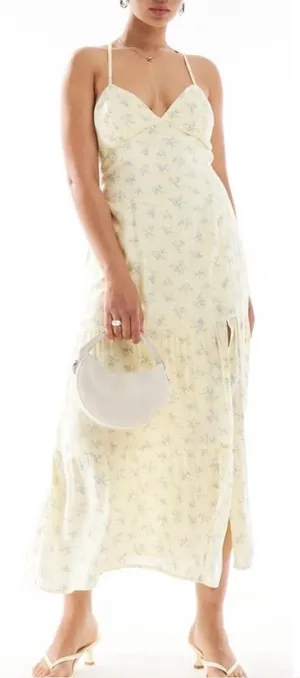 Hollister Pale Yellow Blue Floral Print Adjustable Strap Open Back Slip Dress XS thumbnail 1