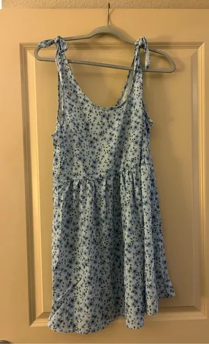 NEW Blue Floral Printed Shoulder Tie Strap Babydoll Dress L thumbnail 1