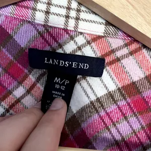 Lands'‎ End pink white checkered button down long sleeved flannel top women's M thumbnail 3