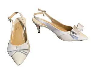 J. Renee White Faux Leather & Cloth Sling Back Kitten Heel Shoes (11w) thumbnail 1